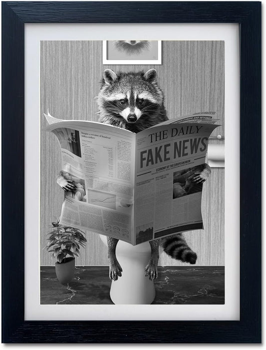 Kids Bathroom Decor Wall Art Bathroom Accessories Funny Raccoon in Toilet Decor Black and White Picture Pinting Funny Animal Canvas Print Artwork