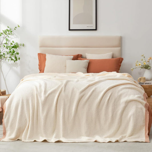 Snuggle Sac Cream Bedding Blankets Queen Size 90x90 inches, Reversible Microfiber Fluffy Fuzzy Soft Throw Cozy Knit Blanket for Women Mothers Birthday Gifts