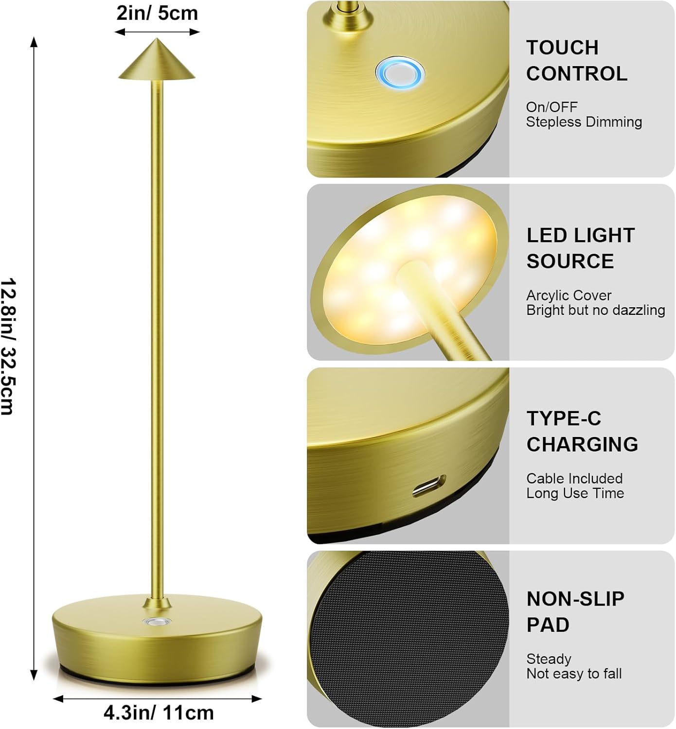2Pack Rechargeable Cordless Table Lamp, Portable Powered LED Battery 6000mAh Metal USB Desk Lamp, 3 Levels Brightness Light for Restaurants Outdoor (2pack Bronze)
