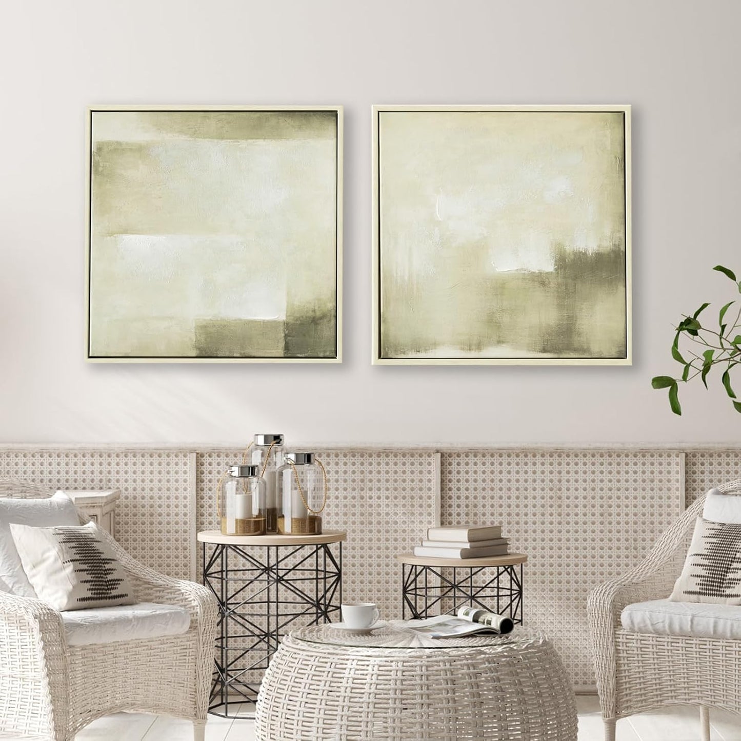 Framed Green Abstract Wall Art, Hand Painted Modern Canvas Print Artwork, Square Minimalist All Green Abstract Pictures for Living Room, Hallway Fireplace Bedroom Home Office Wall Decor 17x17 In 2pack