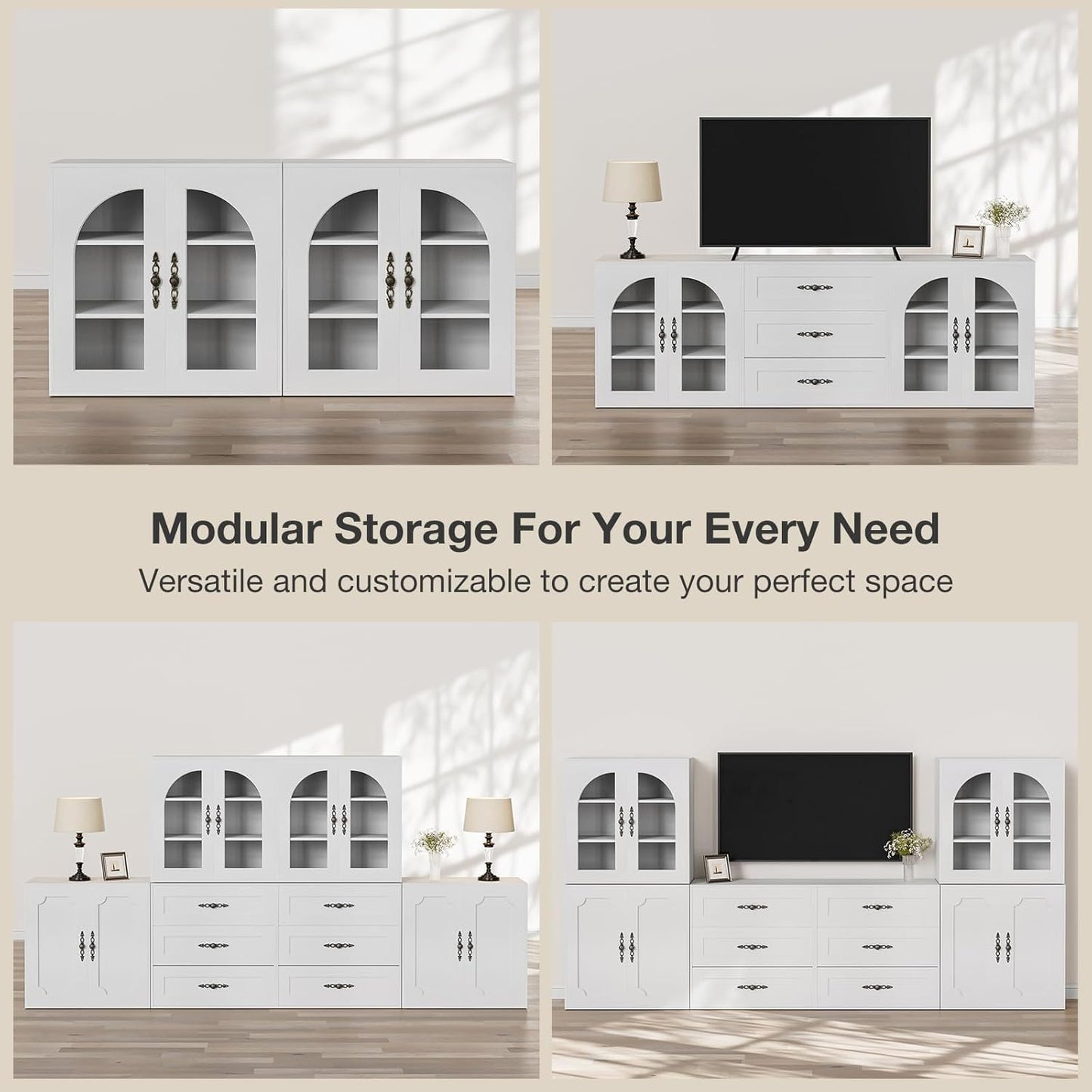 Modular Buffet Storage Cabinet, Glass 4-Door Kitchen Sideboard Buffet Console w/Adjustable Shelves, Wood Modular Organizer for Kitchen Living Room, 63 Inch