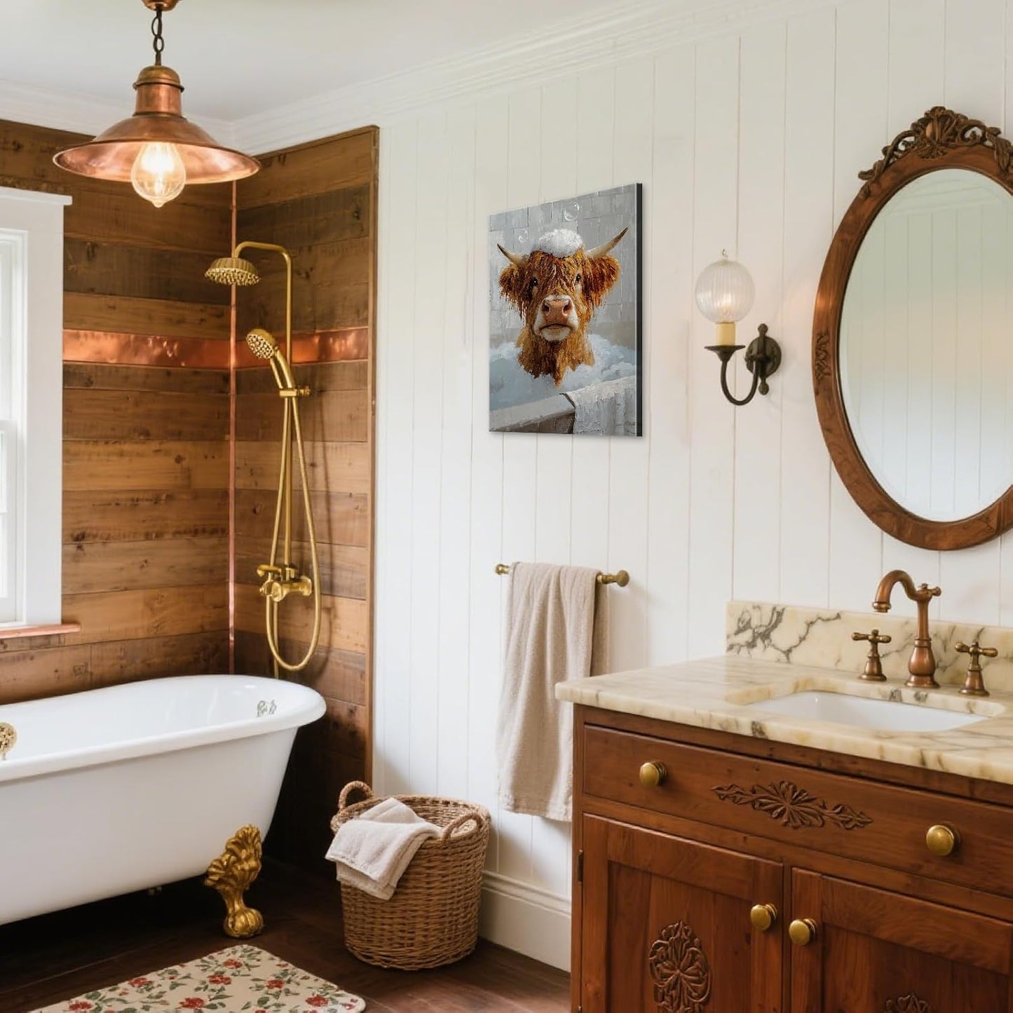 Mistyefly Funny Bathroom Decor Highland Cow Wall Art - Funny Bathroom Signs with Inner Wooden Frame - Animal Posters - Lightweight & Easy Hanging, 12x16 Inches