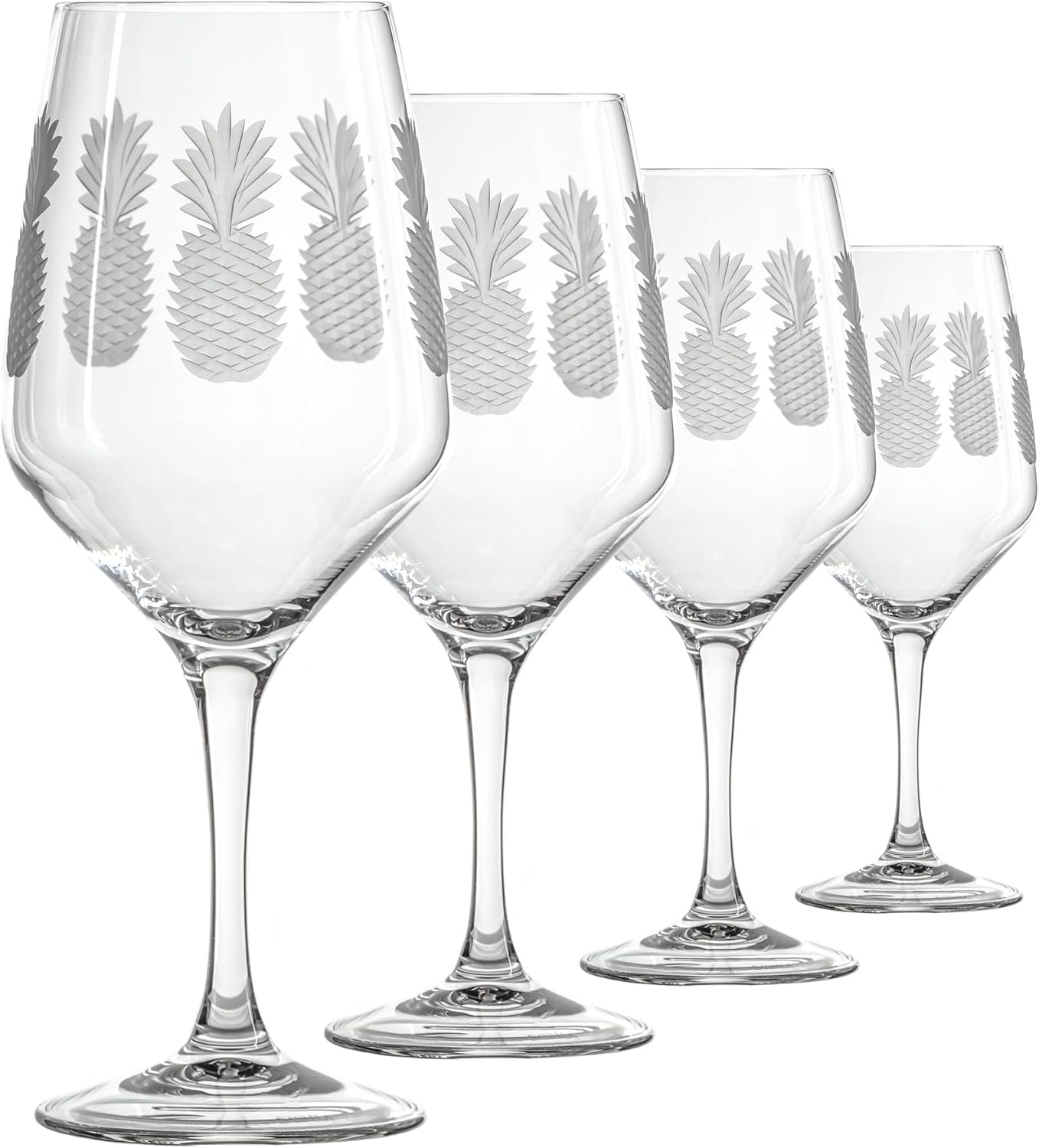 Rolf Glass Fresh Pineapple All Purpose Wine Glass | 19.5oz Stemmed Glass | Lead-Free and Diamond-Wheel Engraved | Tropical Etched Pineapple Design | Coastal Glassware | Set of 4