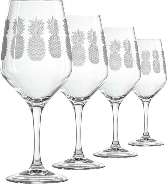 Rolf Glass Fresh Pineapple All Purpose Wine Glass | 19.5oz Stemmed Glass | Lead-Free and Diamond-Wheel Engraved | Tropical Etched Pineapple Design | Coastal Glassware | Set of 4