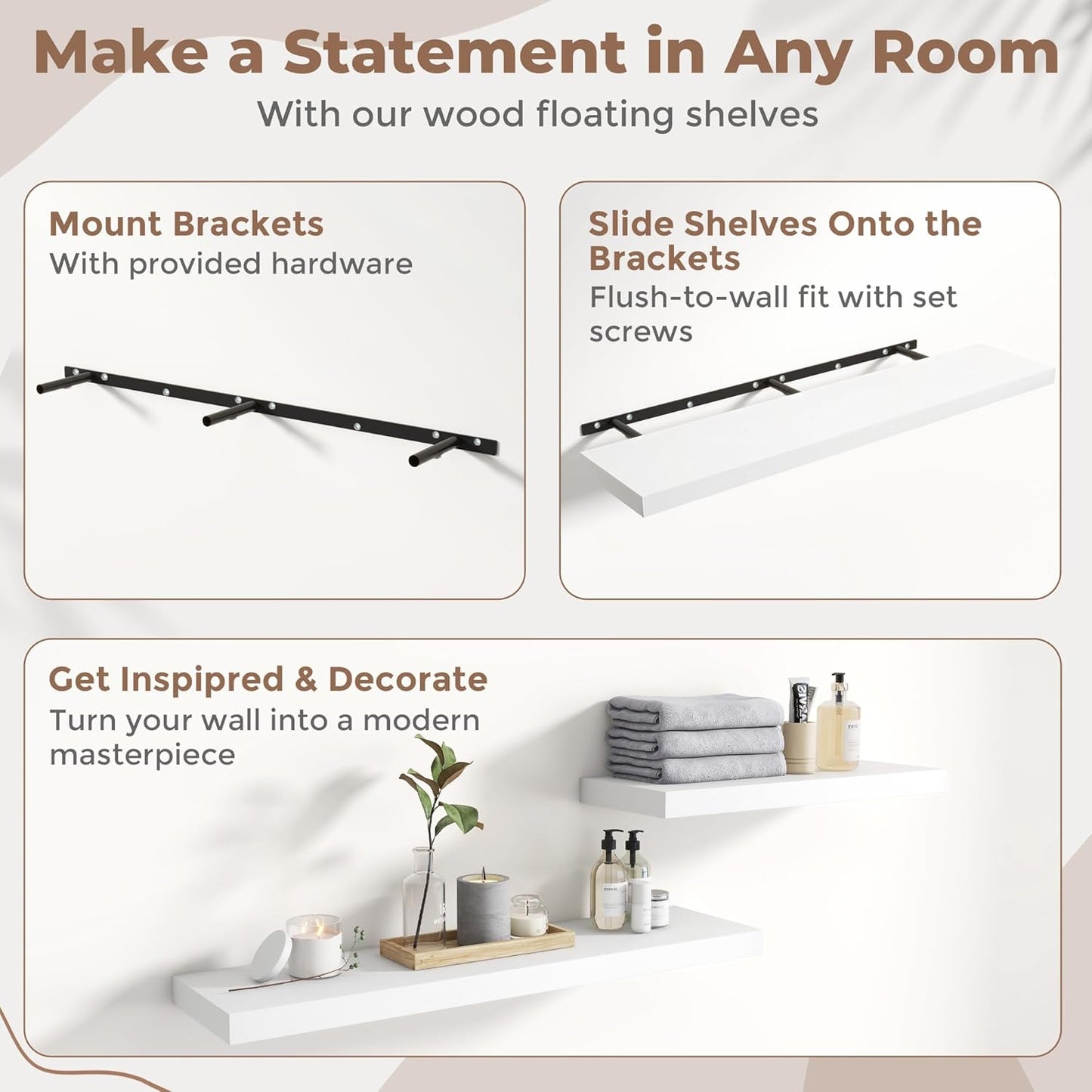 Floating Shelves for Wall with Invisible Brackets, Wall Mounted Engineered Wood Shelves with Wood Grain for Living Room, Bedroom, Bathroom, Kitchen Decor and Storage, Oak, 71"L Set of 2, White