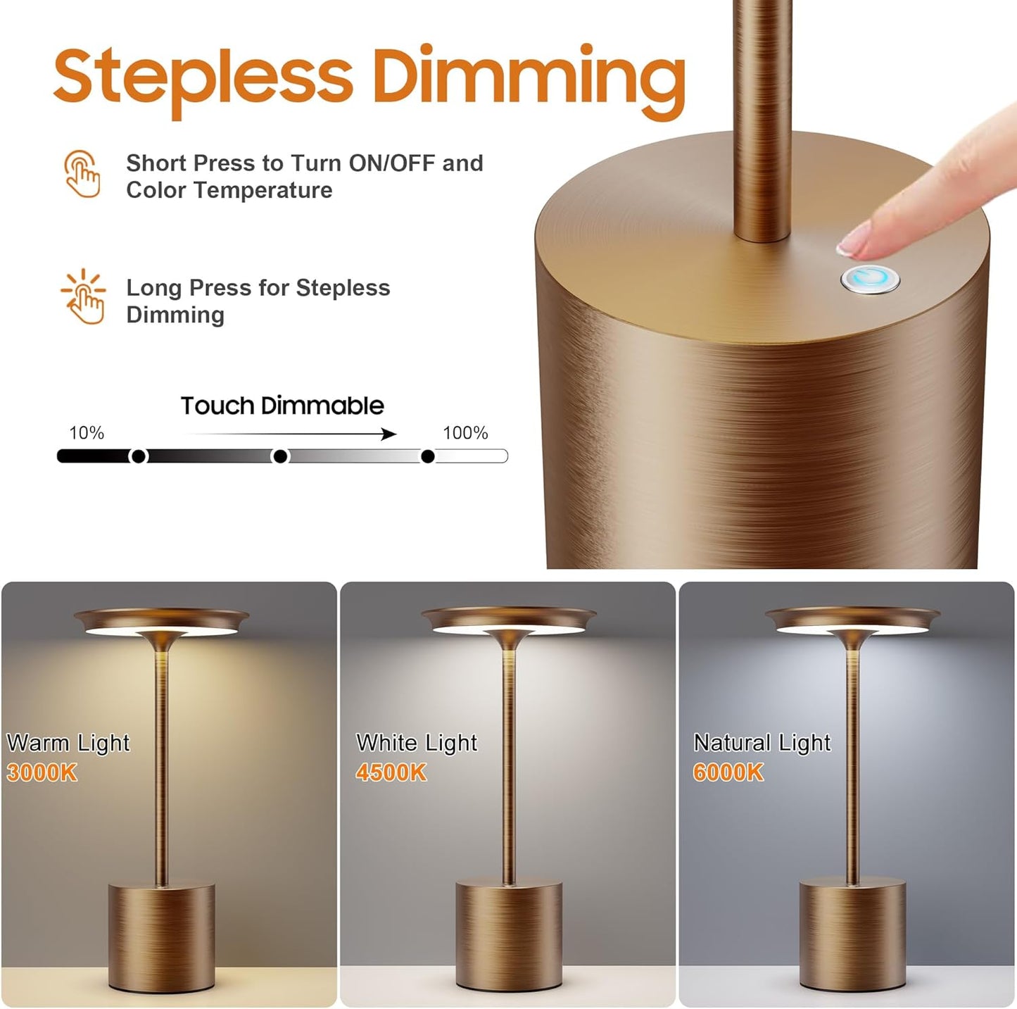 Cordless Table Lamp, Portable Rechargeable 6000mAh Outdoor Table Lamp, 3 Color Stepless Dimming Battery Powered Lamp, LED Table Light for Dinner/Restaurant/Outdoor (Brown)