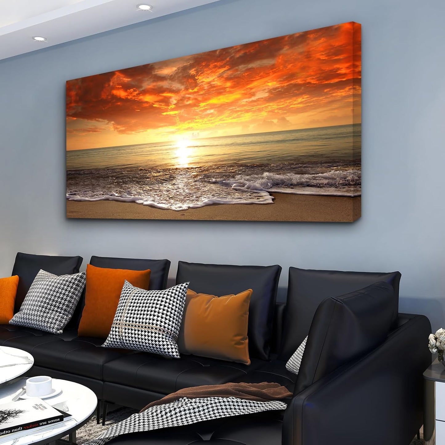 Baisuart-S0162 Canvas Prints Wall Art Sunset Ocean Beach Pictures Photo Paintings for Living Room Bedroom Home Decorations Modern Stretched and Framed Seascape Waves Landscape Giclee Artwork