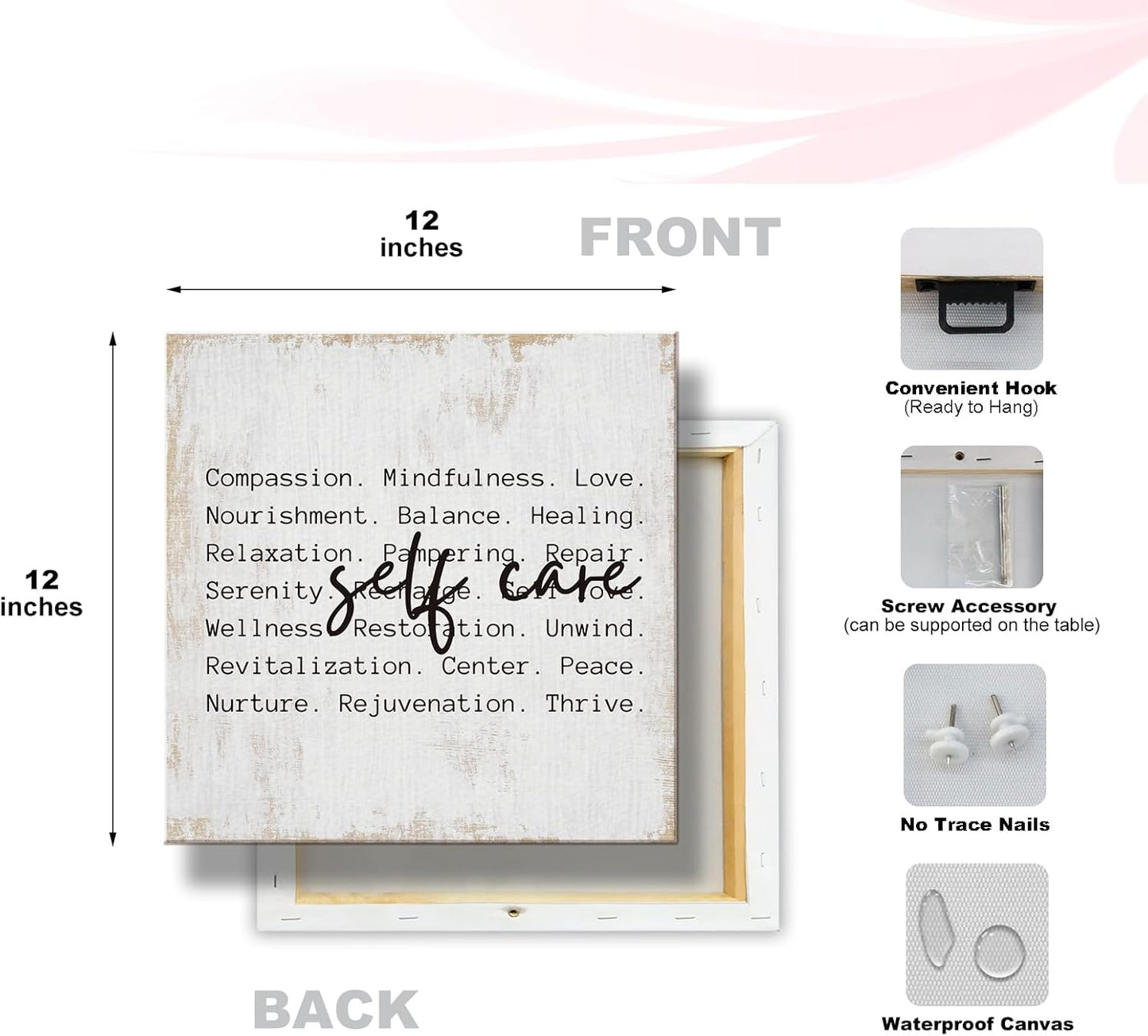 Inspirational Self Care Canvas Wall Art Framed Painting Prints Wall Decor for Women Men Rustic Motivational Decorative Strength Mental Health Decorations for Bathroom Home Office,11.8x11.8 Inch