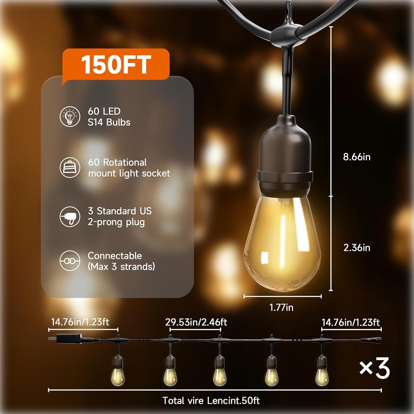 Outdoor Safety String Lights 150FT - Commercial Grade Low Voltage Strand with 60 S14 Shatterproof Bulbs for Tree Garden Yard bistro Cafe | Warm Yellow 3500K Party Lights | IP65 Waterproof | UL Listed