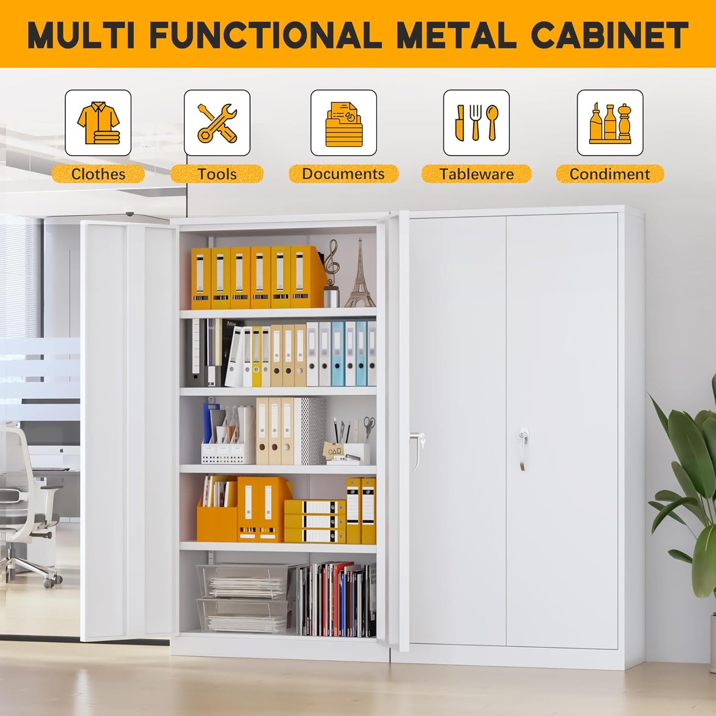 Greenvelly Metal Garage Storage Cabinet, White Steel Lockable Cabinet with 2 Doors and 4 Adjustable Shelves,Utility Metal Filing Cabinet with Lock for Home Office, Garage, Pantry, Kitchen