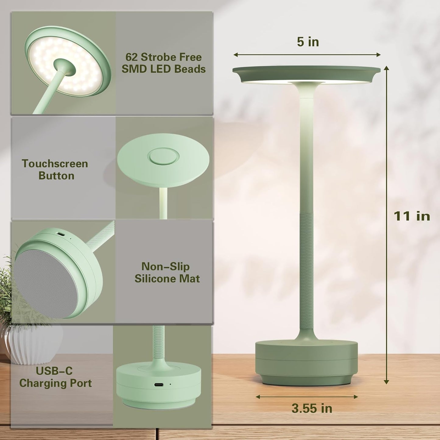 Cordless Rechargeable Table Lamps,Portable 5000mAh Battery Desk Lamp IP54 Waterproof 3 Color Stepless Dimming LED Table Light,Patio,Restaurant, Cafe, Dining Table Decor(2P Apple Green)