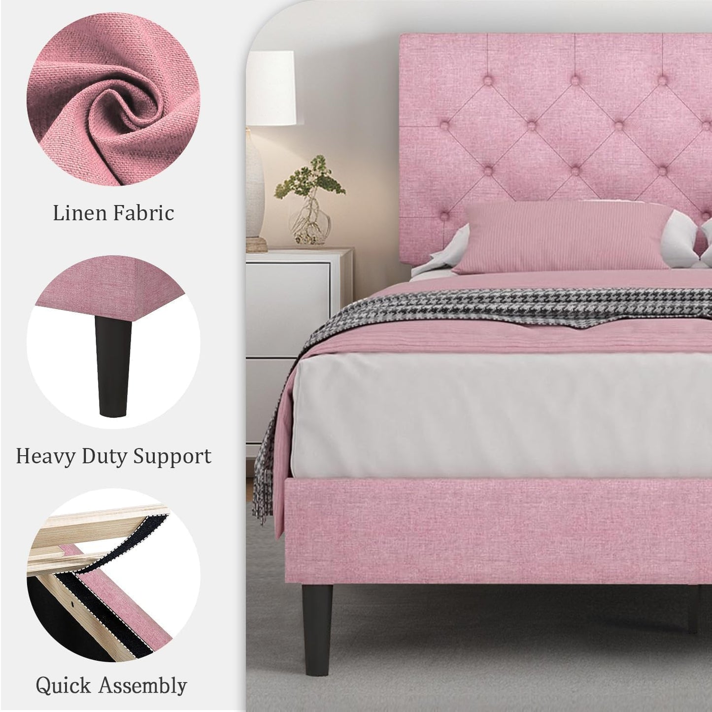 HOMBCK Full Bed Frame with Headboard, Linen Fabric Upholstered Bed Frame Full, Pink Bed Frame with Wood Slats, Button Tufted, No Box Spring Needed, Pink