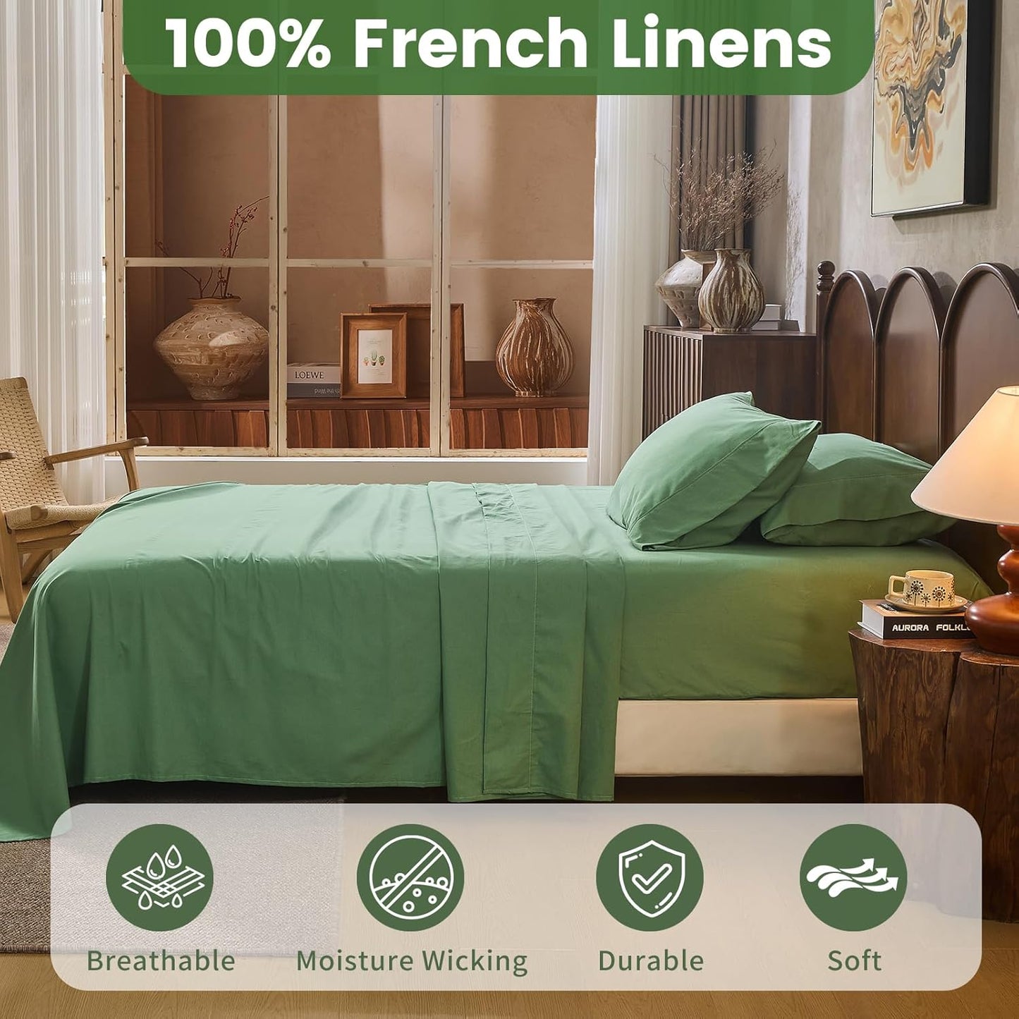 100% Linen Sheets King Size,Breathable & Durable 4-Piece Bed Flax Sheet Set,Soft All-Season Bedding for Hot Sleepers 16" Deep Pocket Oeko-TEX Certified,（King, Sage Green）