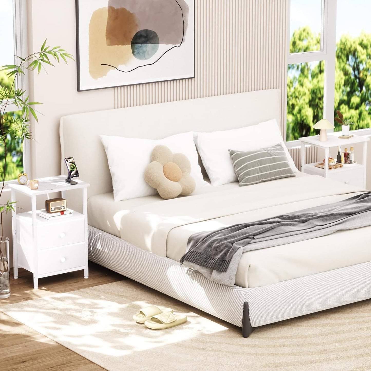 White Night Stand, Nightstand with Charging Station, End Table with Storage 2 Fabric Drawers for Bedroom, Small Bed Side Table with USB Ports and Outlets for Living Room, HETS020WT-1