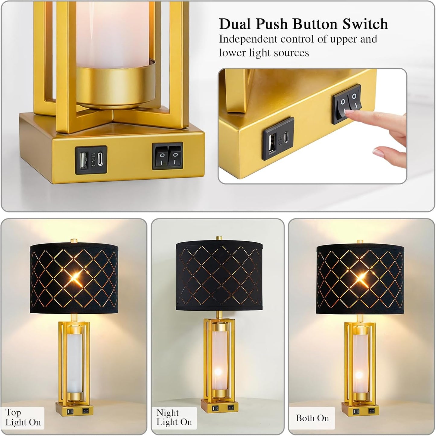 RORIANO Set of 2 Modern Table Lamps for Living Room Bedroom with USB C+A, Rustic Nightstand Lamps with White Night Light, Black Grid Shade, Desk Lamps for Bedside End Tables, 4 Bulbs Included (Gold)