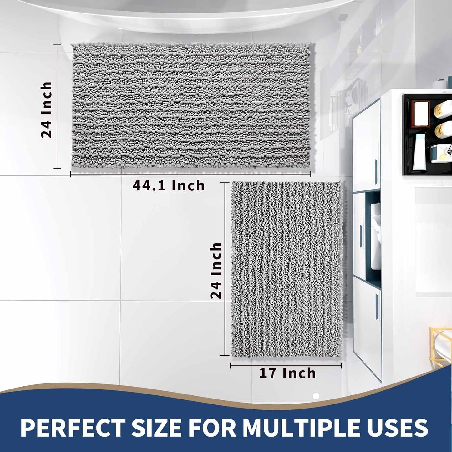 Yimobra Gray Bathroom Rugs Sets 2 Piece - Luxury Chenille Shaggy Bath Mat, Super Absorbent & Non Slip & Quick Dry, Soft Thick Bathroom Carpet for Tub Shower Floor, Machine Washable, 44x24+24x17 Inch