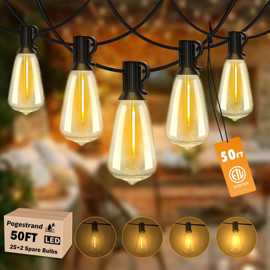 LED Outdoor String Lights 50ft ST38 Waterproof Patio Lights with 25 Vintage Shatterproof Bulbs(2 Spare), Dimmable Outside Hanging Edison String Lights for Backyard Porch Balcony Decor, Warm White