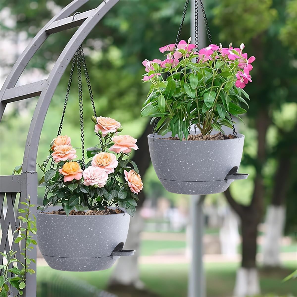 10 Inch Hanging Baskets 2 PC with Chains, Self-Watering Hanging Planters for Indoor Outdoor Plants, Plastic Hanging Flower Pots,Speckled Grey