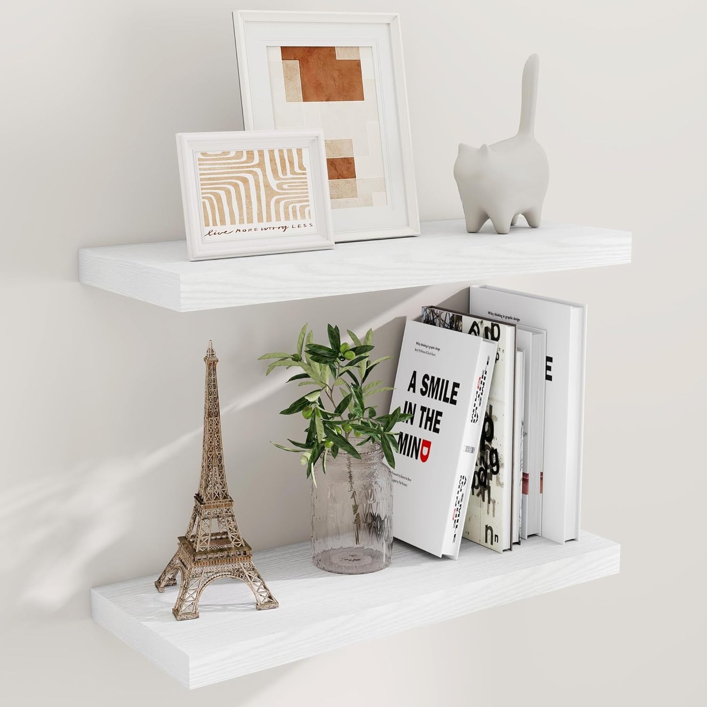 Fun Memories White Floating Shelves for Wall, 24 x 9.3 x 1.5 Large Floating Shelf Set of 2, 9.3 Deep Wall Shelf for Kitchen, Living Room, Rustic White Shelves for Home Decor & Storage