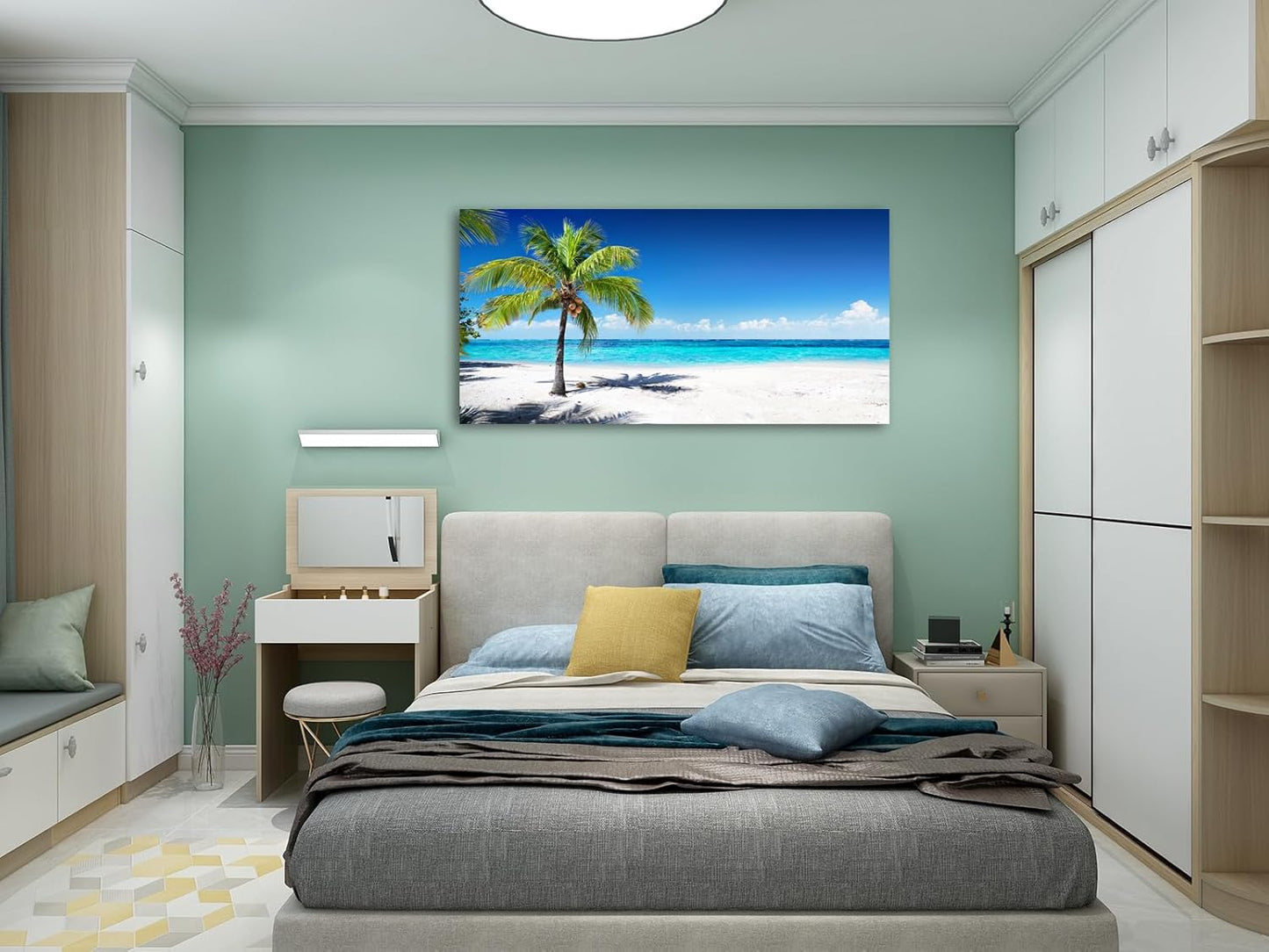 Baisuart-Large Canvas Wall Art Summer Ocean Waves Coconut Trees on Sands Beach Seascape Painting Sea Nature Pictures for Living Room Home Office Wall Decor Artwork