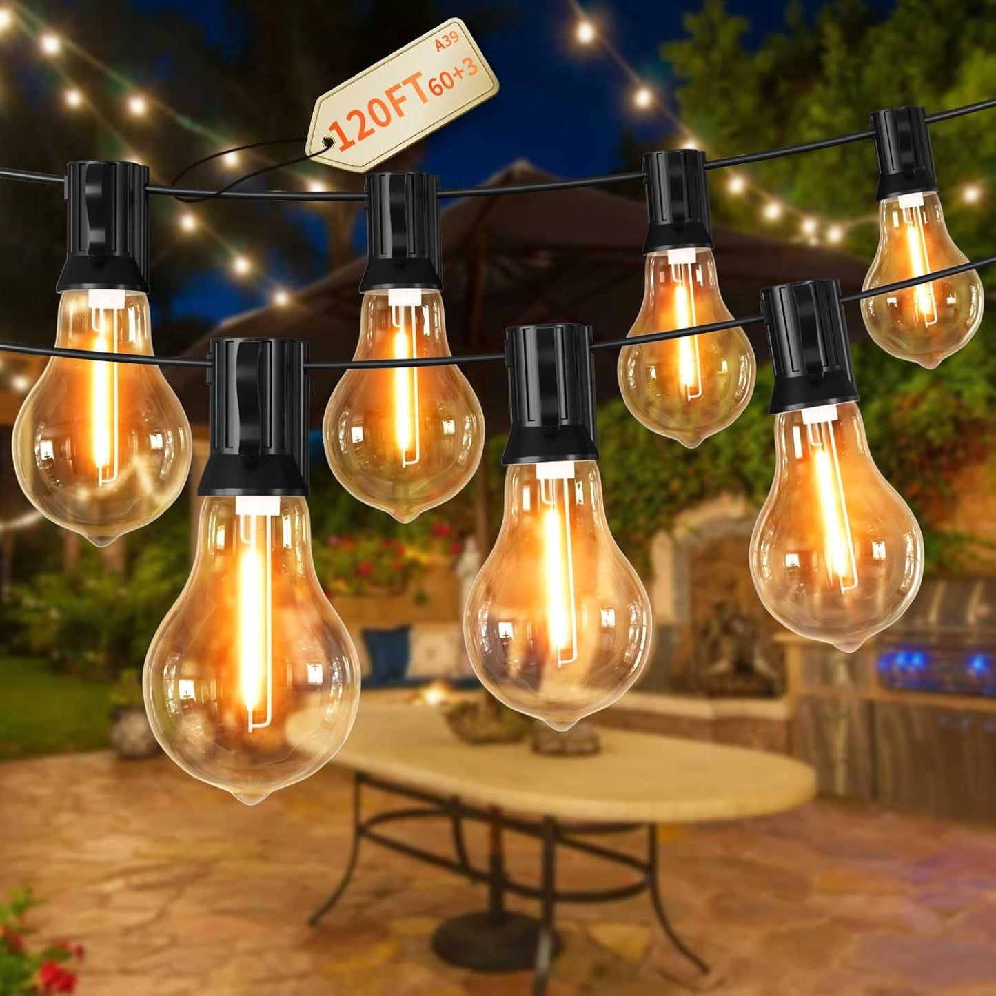 String Lights for Outside 120ft Waterproof with 60+3pcs A39 Shatterproof Edison Bulbs Outdoor String Lights for Patio, Yard, Cafe, Bistro, Market, Warm White 2200k