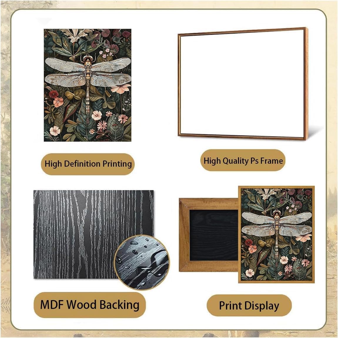 Djmwtb Vintage Framed Wall Art Dragonfly Canvas Wall Art Prints Green Botanical Floral Pictures Flower Painting Wall Decor Artwork for Living Room Bedroom Bathroom Office 16x24in