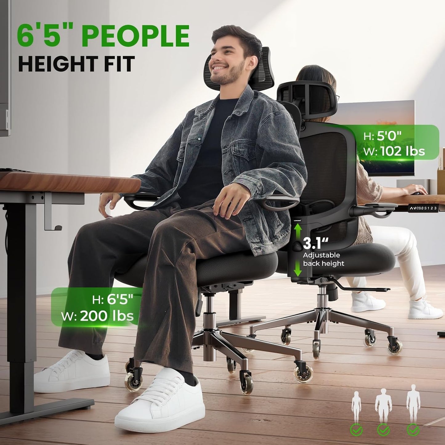 Ergonomic Office Chair with Upgraded Rubber Wheels for Big and Tall, Adjustable High Back Computer Chair 350lbs with 3D Headrest, Lumbar Support, Flip-up Arms, Mesh Desk Chair for Long Work Hours
