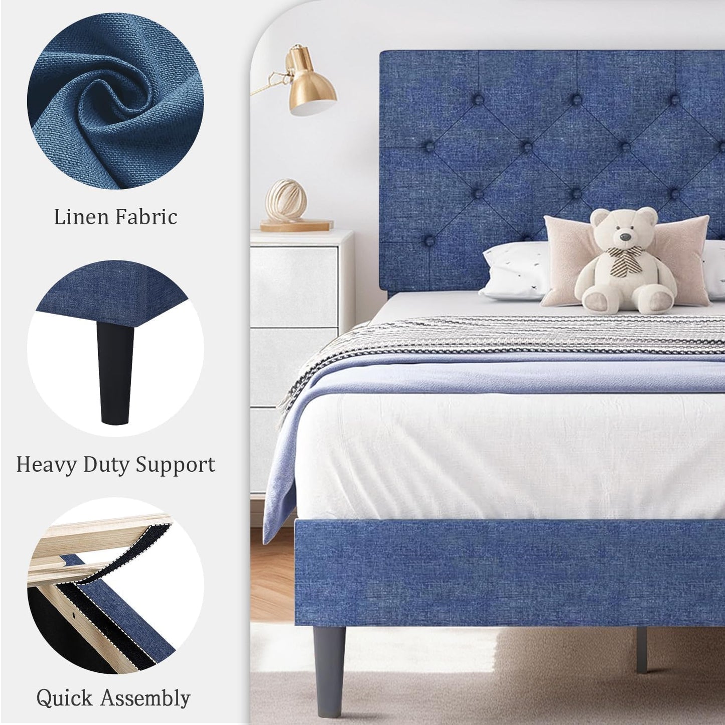 HOMBCK Queen Bed Frame with Button Tufted Headboard, Blue Upholstered Platform Bed Frame Bed, Soft Fabric/Wood Slats Support/No Box Spring Needed, Easy Assembly, Blue