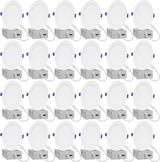 LAMPHOME 24-Pack of 6-Inch Slim LED Recessed Lights with Junction Box, Adjustable Color Temperatures (2700K-5000K), 12W Equivalent to 110W, Dimmable, 1050LM Brightness - ETL and Energy Star Certified
