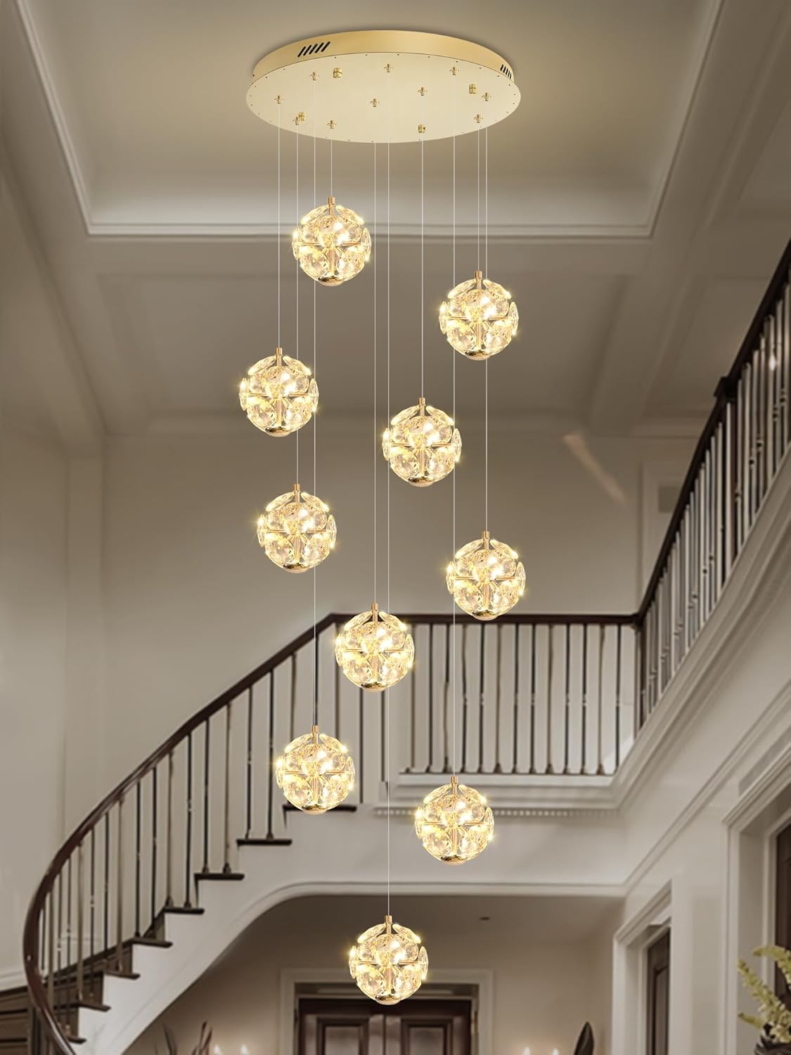 10-Light LED Staircase Modern Pendant Light Gold Crystal Ball Chandeliers Large Chandeliers for High Ceilings, Entryway Lighting Fixture Villas and Stairs