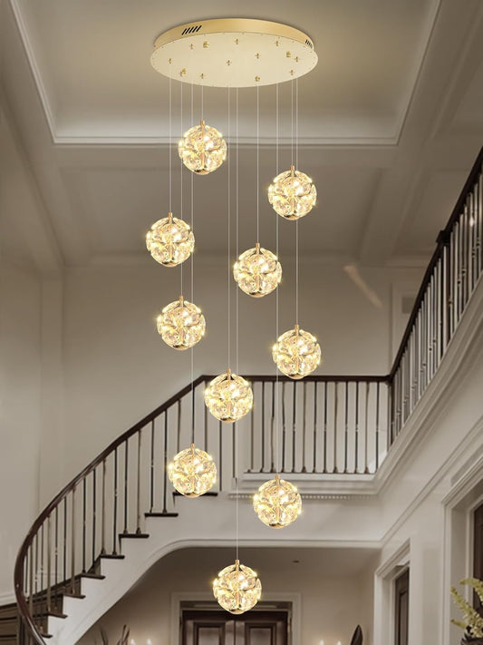 10-Light LED Staircase Modern Pendant Light Gold Crystal Ball Chandeliers Large Chandeliers for High Ceilings, Entryway Lighting Fixture Villas and Stairs