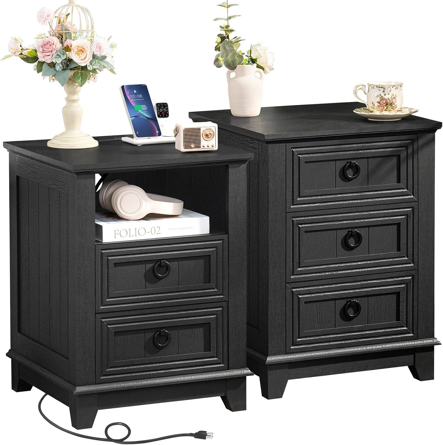 18" Night Stands Set of 2 with Charging Station, Farmhouse 2 & 3 Drawers End Table Dresser for Bedroom, Black Wooden Nightstand, Bed Side Table with Open Shelf, Bedside Cabinet for Living Room