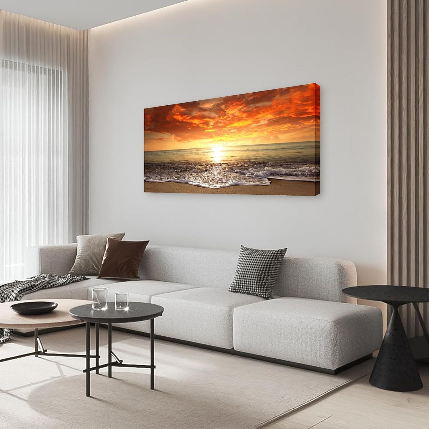 Baisuart-S0198 Canvas Prints Wall Art Sunset Ocean Beach Pictures Photo Paintings for Living Room Bedroom Home Decorations Modern Stretched and Framed Seascape Waves Landscape Giclee Artwork