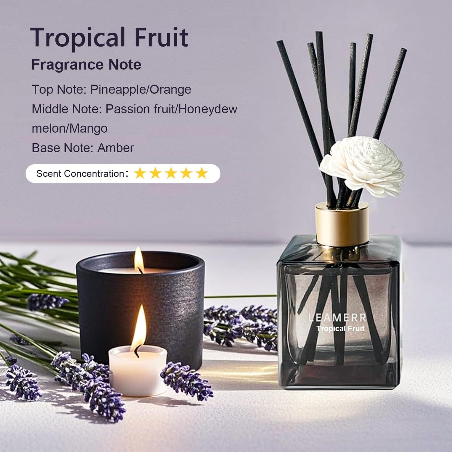 Reed Diffuser Set, 6.1 oz (180 ml) Tropical Fruit Scented Diffuser with Sticks Long-Lasting Home Fragrance Reed Diffuser for Home Room Office Bathroom Shelf Decor