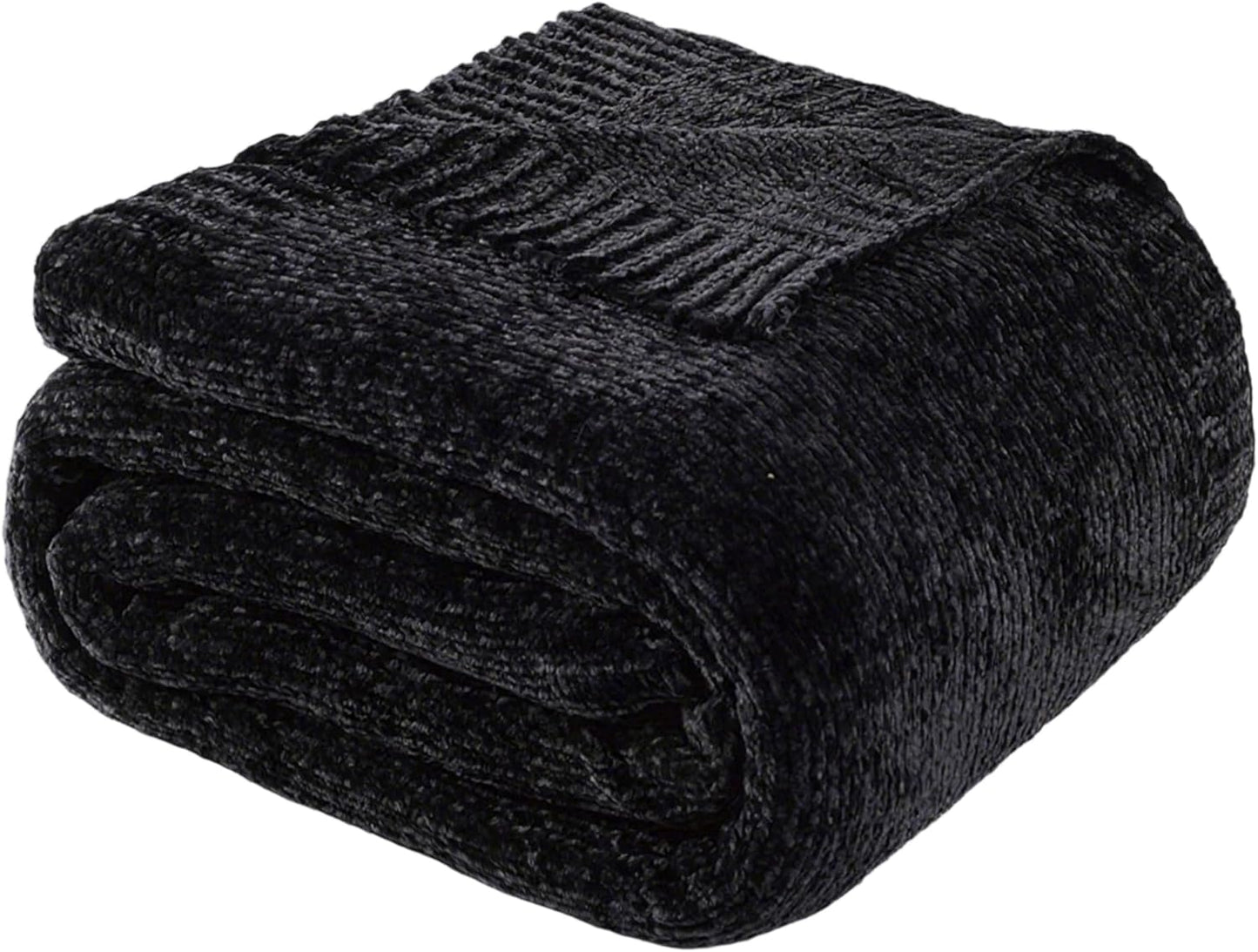 BATTILO HOME Black Throw Blanket for Couch, Woven Chenille Throw Blankets for Bed, Chair, Sofa, Black Knitted Blanket Cozy Soft Blanket, 51"x67"