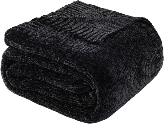BATTILO HOME Black Throw Blanket for Couch, Woven Chenille Throw Blankets for Bed, Chair, Sofa, Black Knitted Blanket Cozy Soft Blanket, 51"x67"