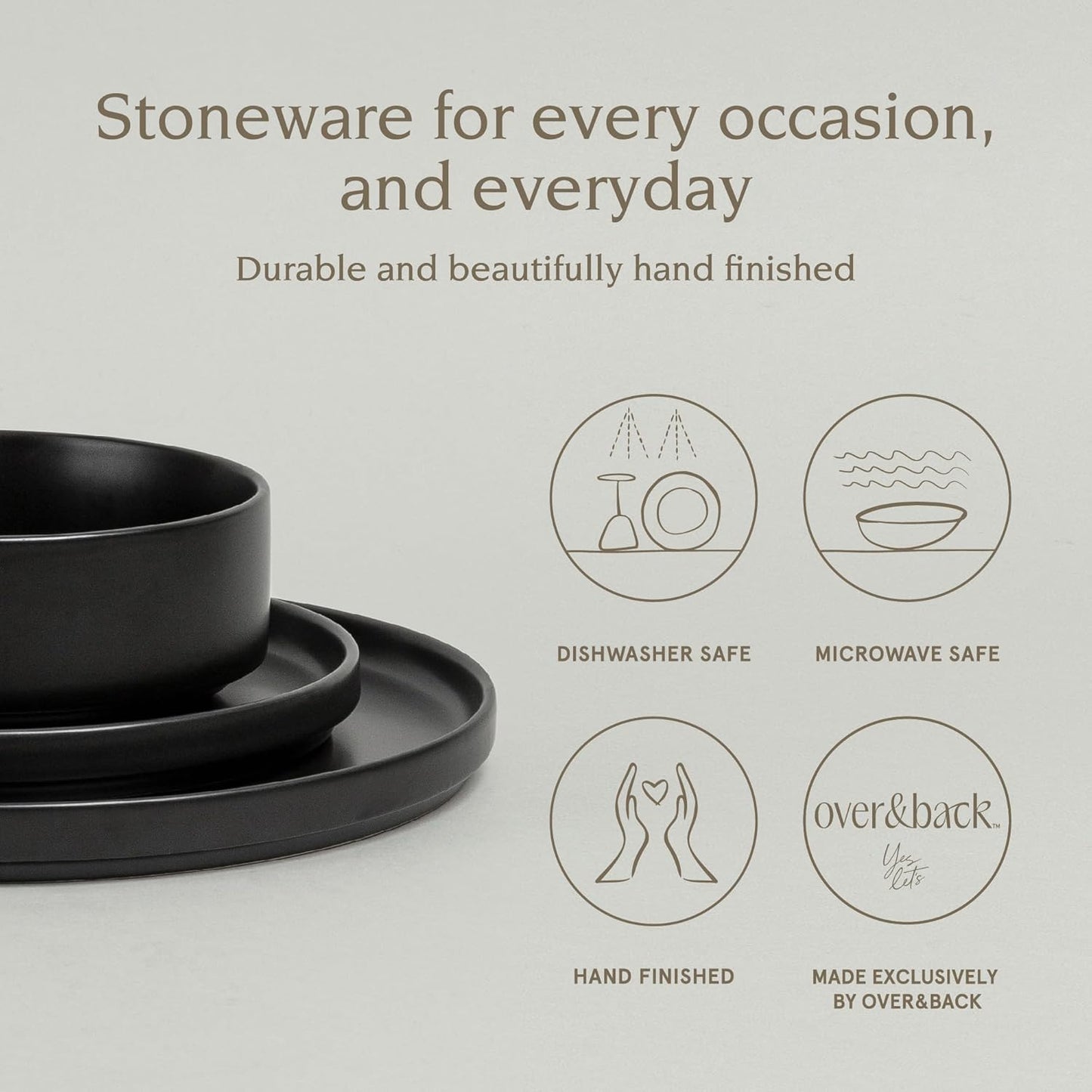 over&back 12-Piece Stackable Stoneware Dinnerware Set – Includes 4 Dinner Plates, 4 Salad Plates, 4 Cereal Bowls & 4 Dinner Bowls – Durable & Stylish Semi-Matte Black Dishes