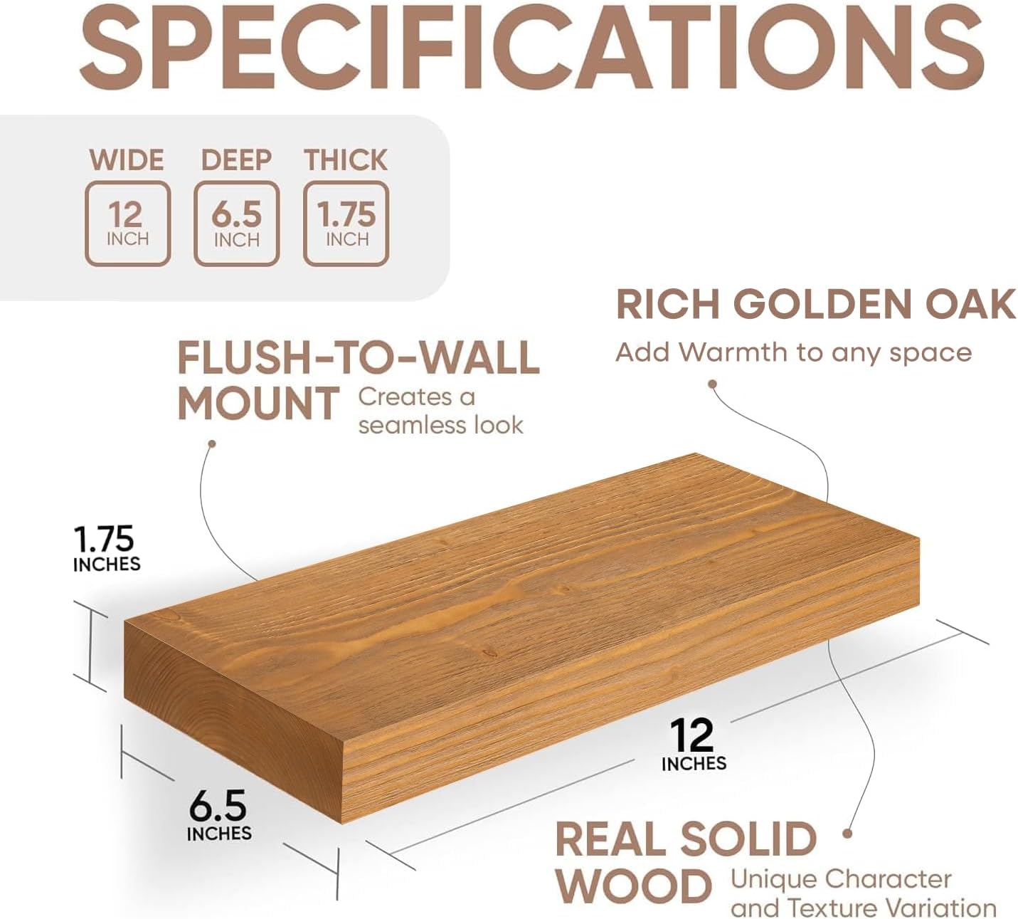 Homeforia 12 inch Golden Oak Floating Shelf, High End Solid Real Wood 12inch Small Floating Shelves for Wall Mounted, Oak Wooden 12in Floating Shelves, Heavy Duty Bracket, 12 X 6.5 X 1.75 in, Set of 4