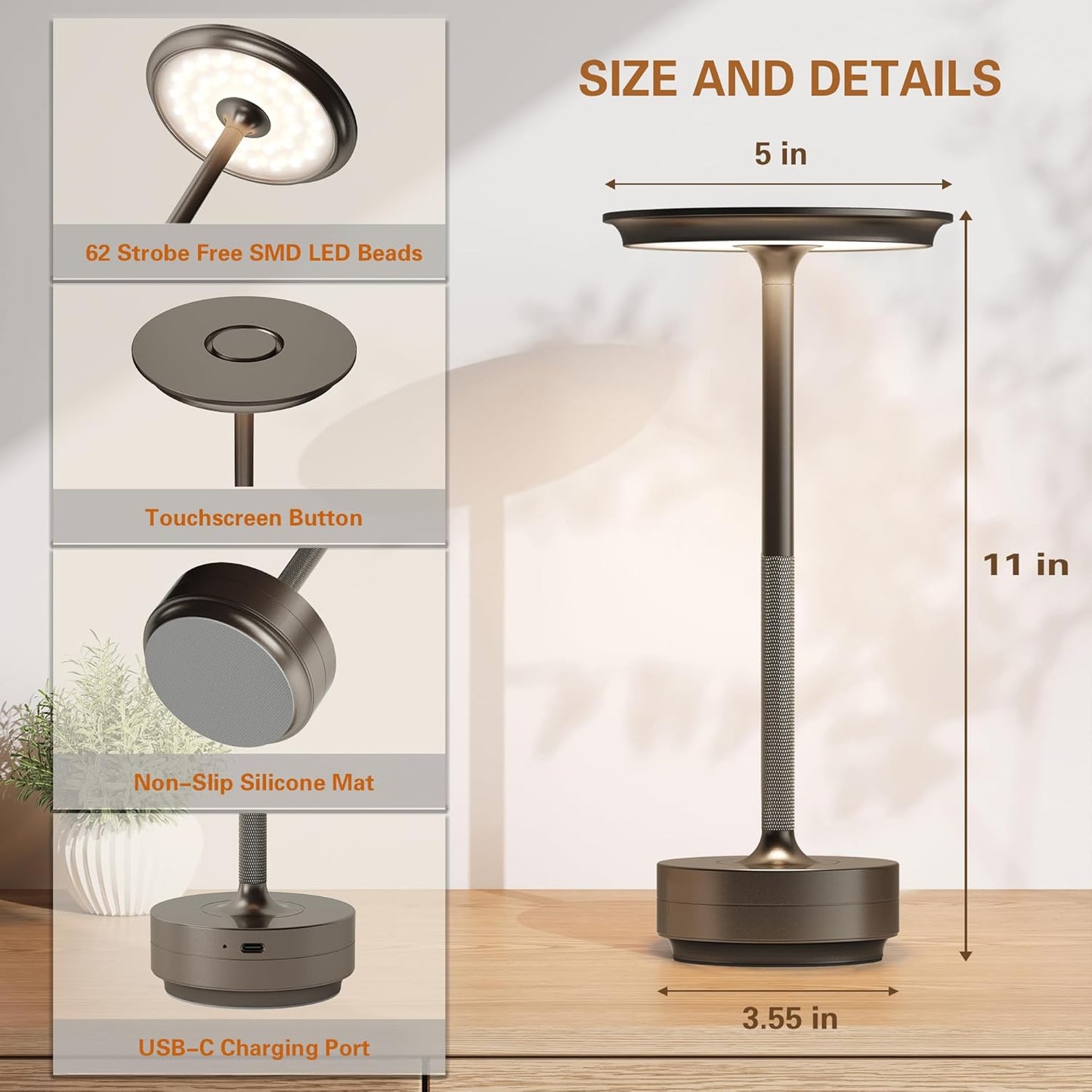 LED CordlessTable Lamp,Rechargeable USB-C Battery Operated Table Lights IP54 Waterproof 3 Levels Brightness Light with Memory Function,Cordless Light for,Dining Room, Cafe,Bars(2P Coffee)