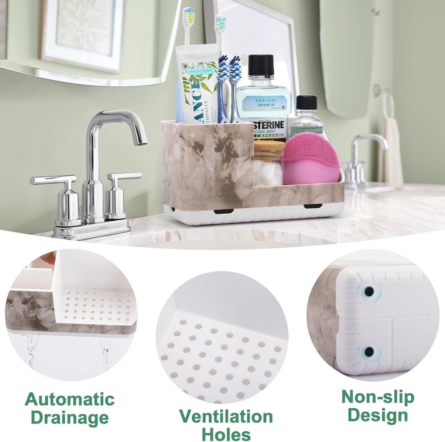 Toothbrush Holders for Bathroom Countertop Organizer, Kids Electric Toothbrush and Toothpaste Holder for Bathroom Organizers and Storage (White Marble Grain)