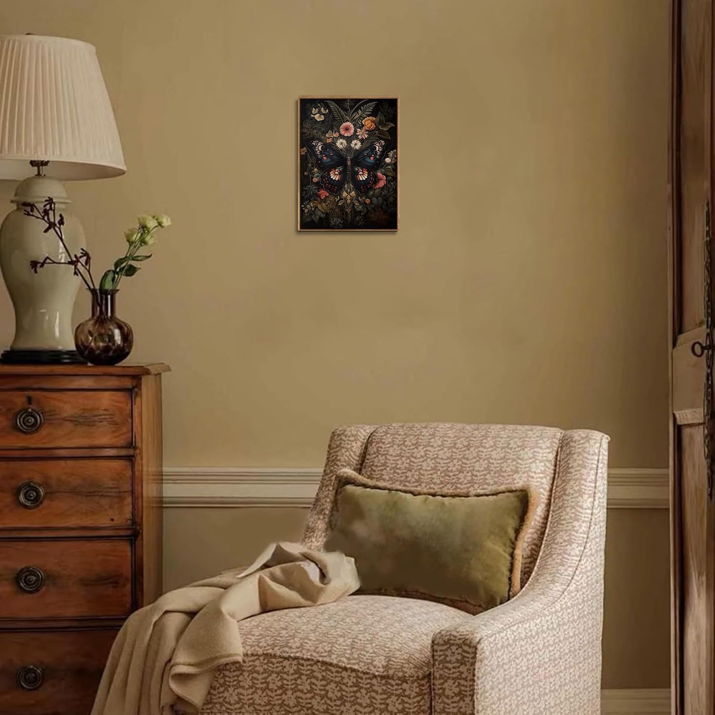 Djmwtb Vintage Framed Wall Art Butterfly Canvas Wall Art Prints Gothic Botanical Floral Pictures Dark Academia Flower Painting Wall Decor Artwork for Living Room Bedroom Bathroom Office 8x10in