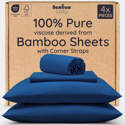 Bambaw California King Sheet Set 4pcs – 100% Viscose Derived from Bamboo Sheets, Deep Pocket Cooling Sheets, Fits Up to 16'' with Elastic Corner Straps, Extra Soft Sheet Set (Navy Blue)