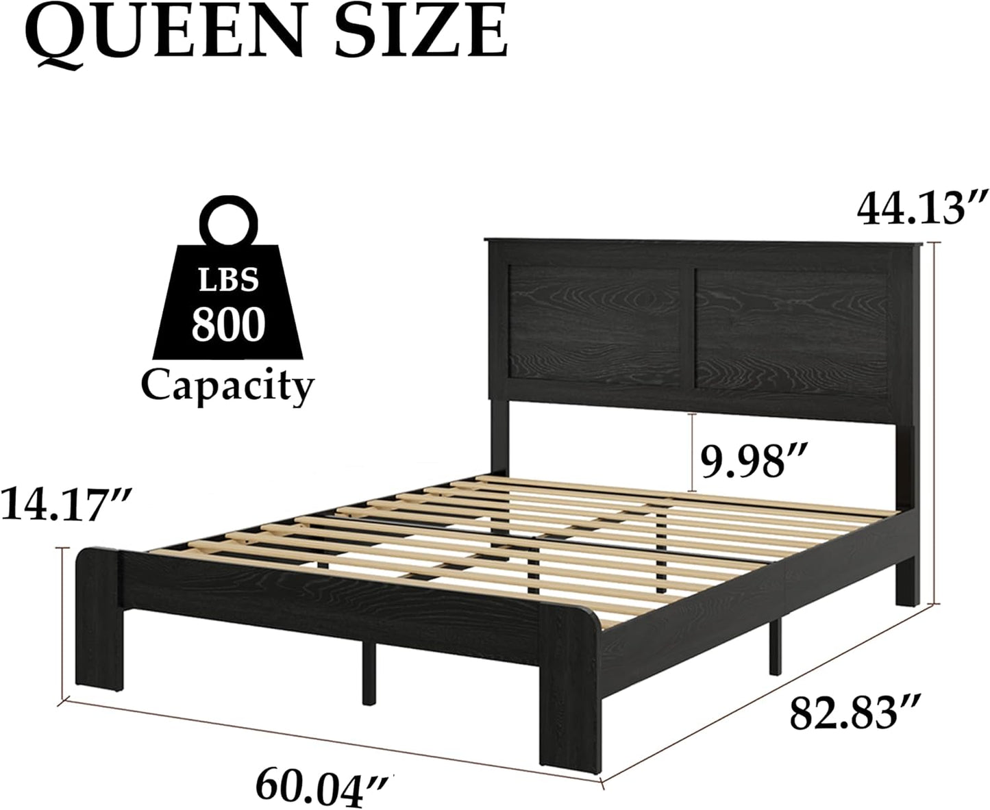 Wood Platform Bed Frame, Queen Size Bed Frame with Headboard and Wood Slat Support, Easy Assembly, No Box Spring Needed, Black