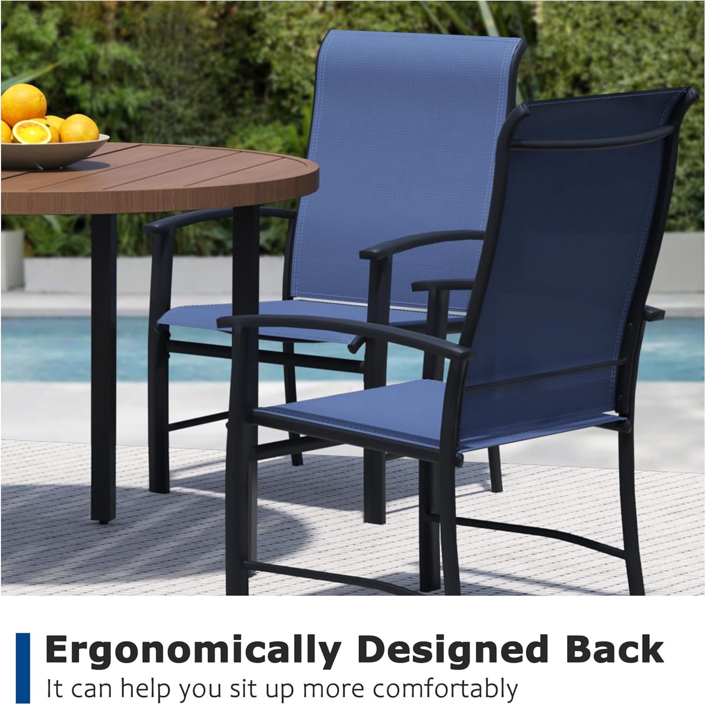 5 Piece Outdoor Dining Set, Patio Table and Chairs Set of 4, 42" Walnut Round Patio Table with 4 Blue Outdoor Patio Chairs for Lawn, Garden, Porch