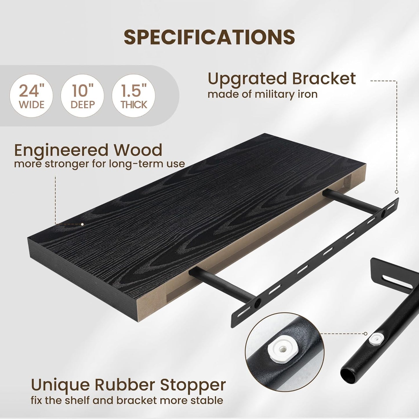 Fun Memories 24 Inch Floating Shelves Wall Mounted, 10 Inch Deep Wall Shelves, 24 x 10 Floating Shelf for Living Room Bathroom Bedroom, Black, Set of 2