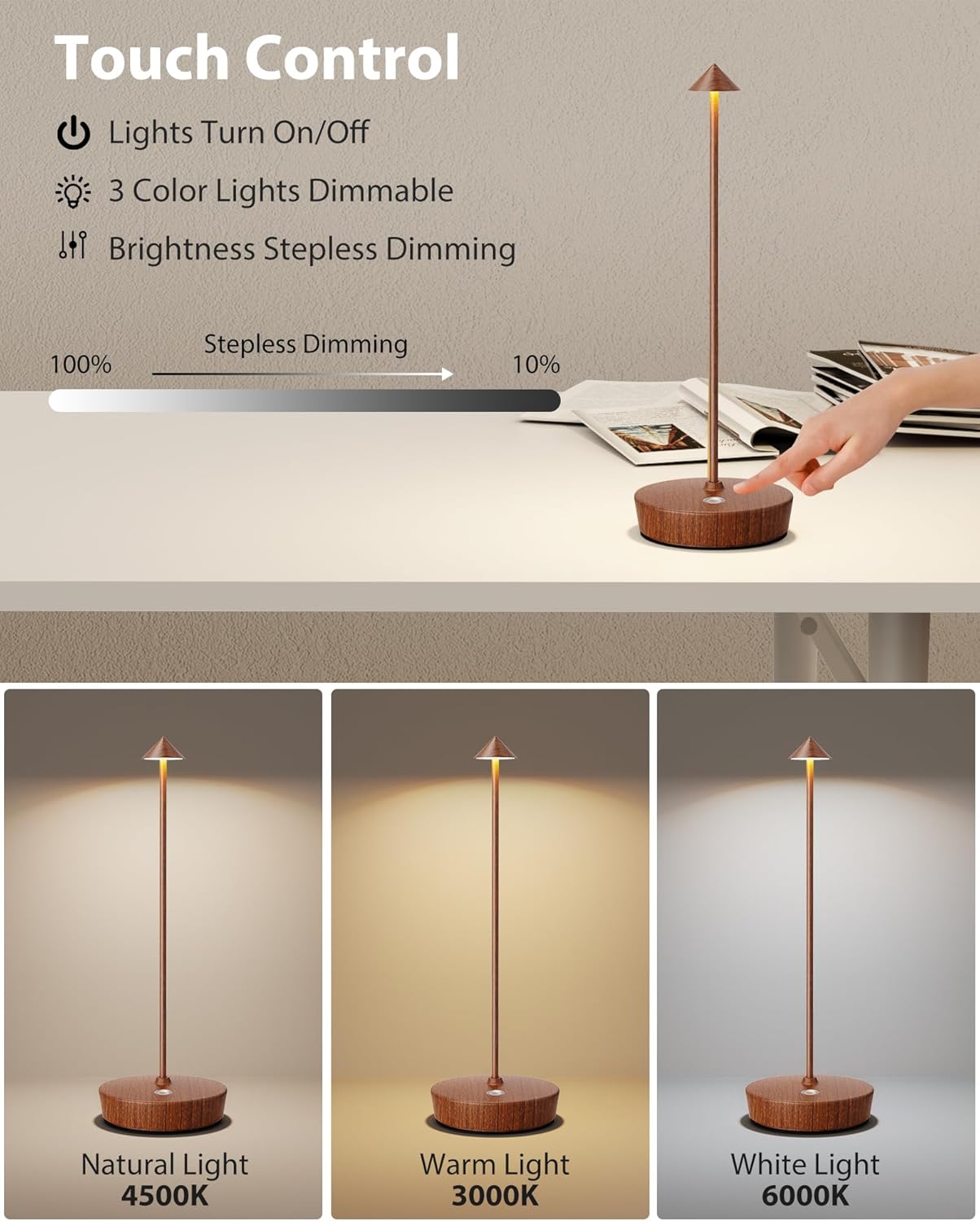 Cordless Table Lamps Rechargeable, 6000mAh Battery Operated LED Desk Lamp Outdoor Waterproof Portable Touch Dimmable Table Night Light for Patio Restaurant Dining Home Set of 2 Wood Grain