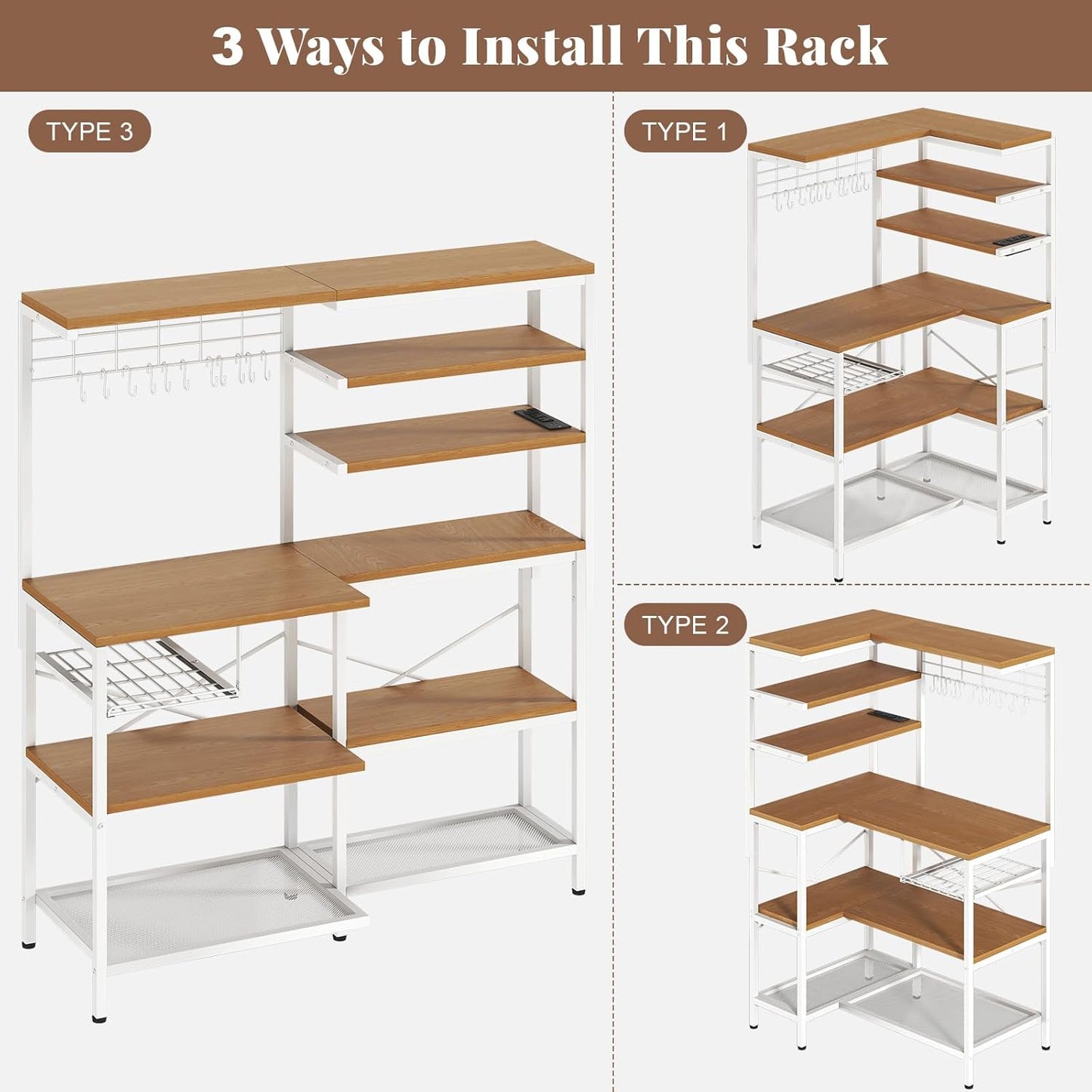 L-Shaped White Bakers Rack with Power Outlet, Kitchen Storage Rack with Hooks, Wire Shelf with Open Storage, Mesh Grid, Wire Basket