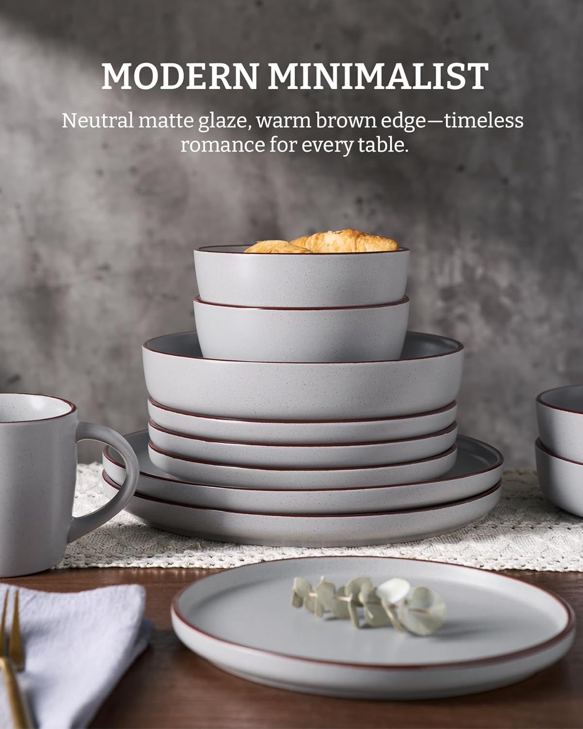 Famiware Mercury Plates and Bowls Sets, 18 Pieces Stoneware Dinnerware Sets, Dishes Set for 6, Microwave and Dishwasher Safe, Light Grey