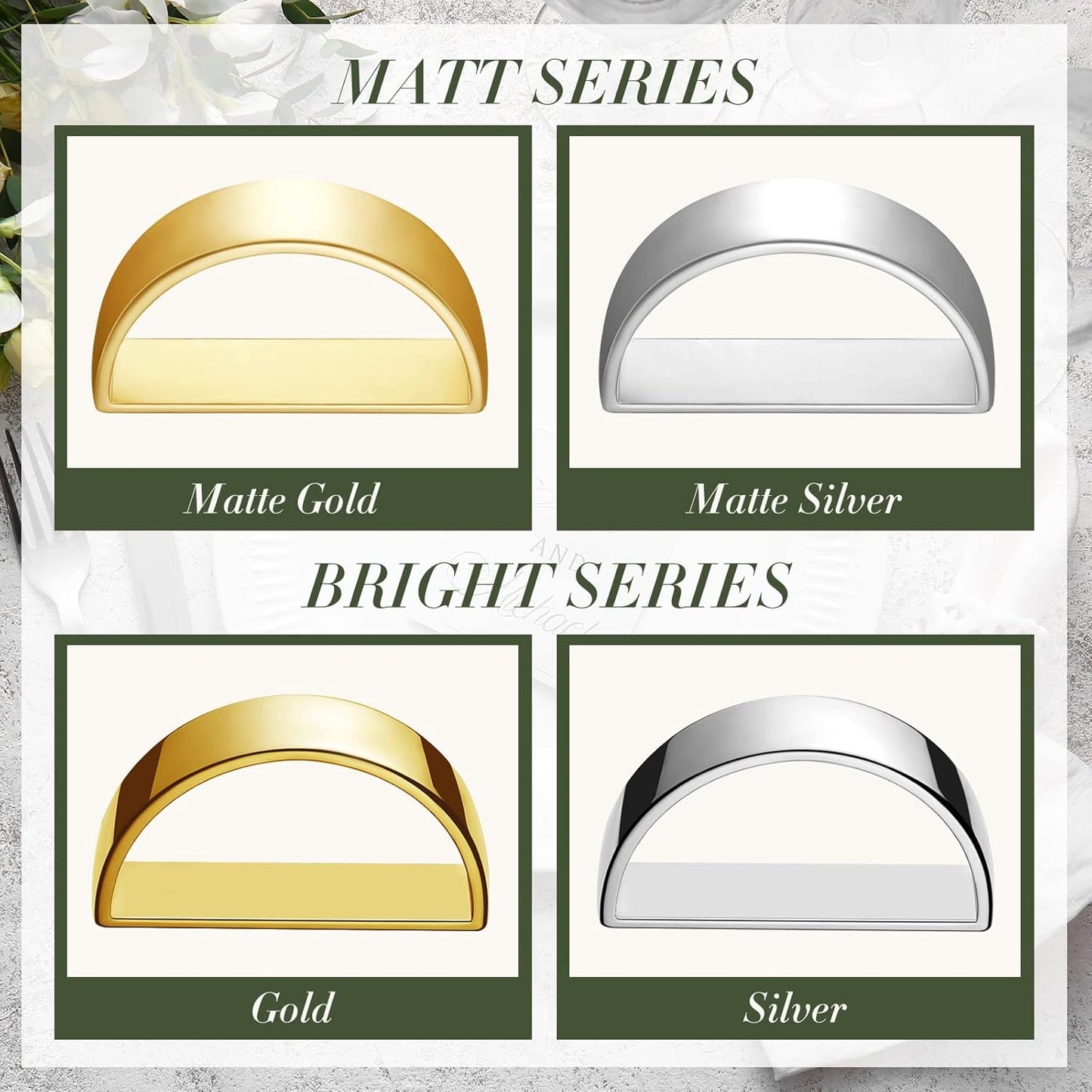 10 Pcs Stainless Steel Napkin Rings Festival Metal Napkin Ring Holders Modern Serviette Buckles Metallic Adornment for Table Settings Kitchen Dinner Party Wedding (Matte Silver Semicircle)