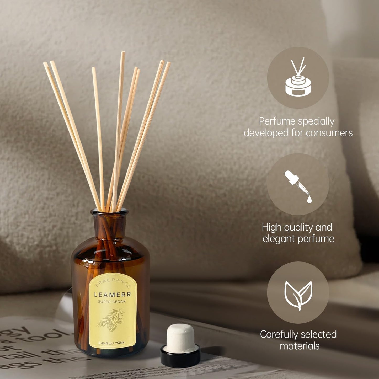 Reed Diffuser Sets - 8.8 oz (250 ml) Super Cedar Scented Diffuser with Sticks Home Fragrance Reed Diffuser for Bathroom Shelf Decor